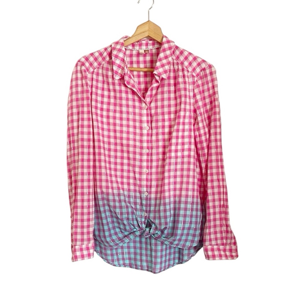 Anthropologie Pink and Blue Ombre Gingham Button-Down Shirt